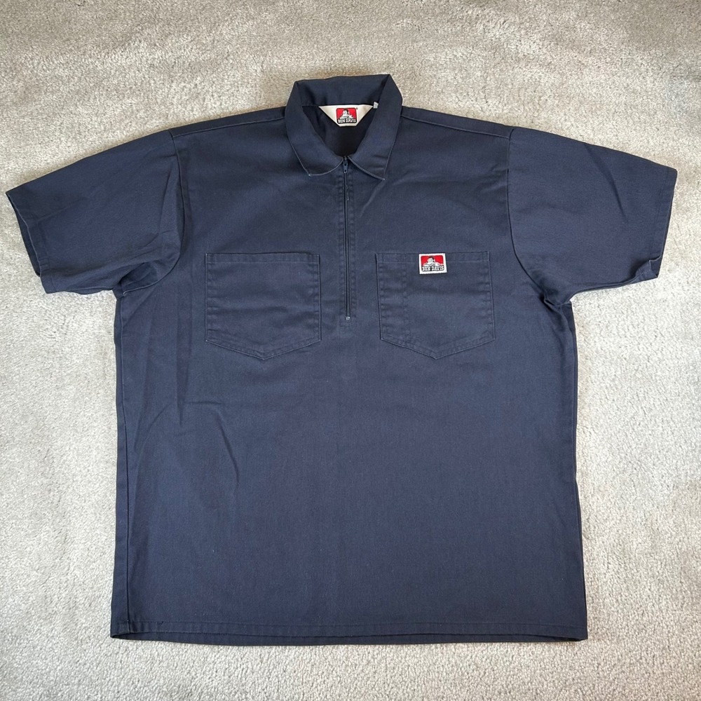 Ben Davis Half Zip Work Shirt Mens Medium Navy Blue Short Sleeve Utility Pocket
